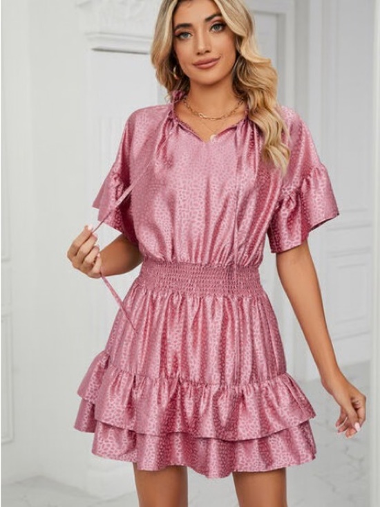 Umgee Dresses & Skirts - Umgee Rose Pink Satin Tiered Ruffle Mini Dress
